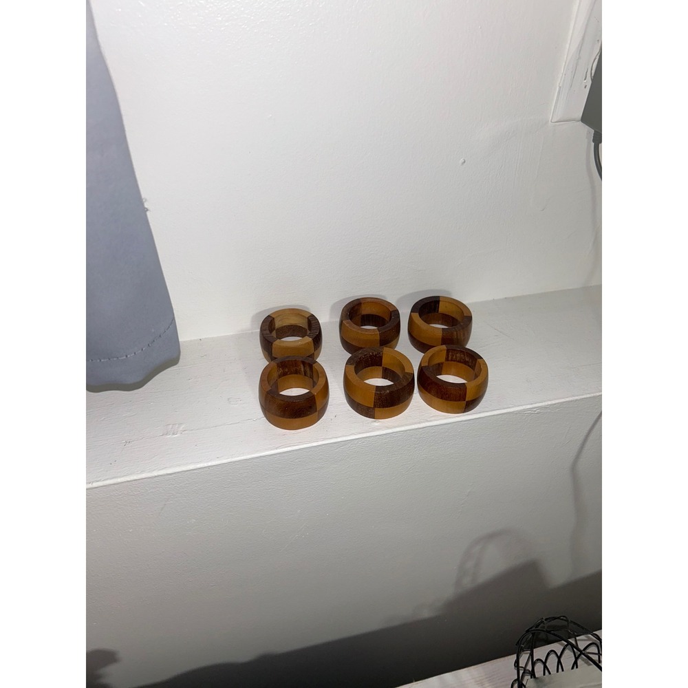 Vintage Checkered Wood Napkin Rings Set of 6 Two Tone Parquet Mid Century Modern